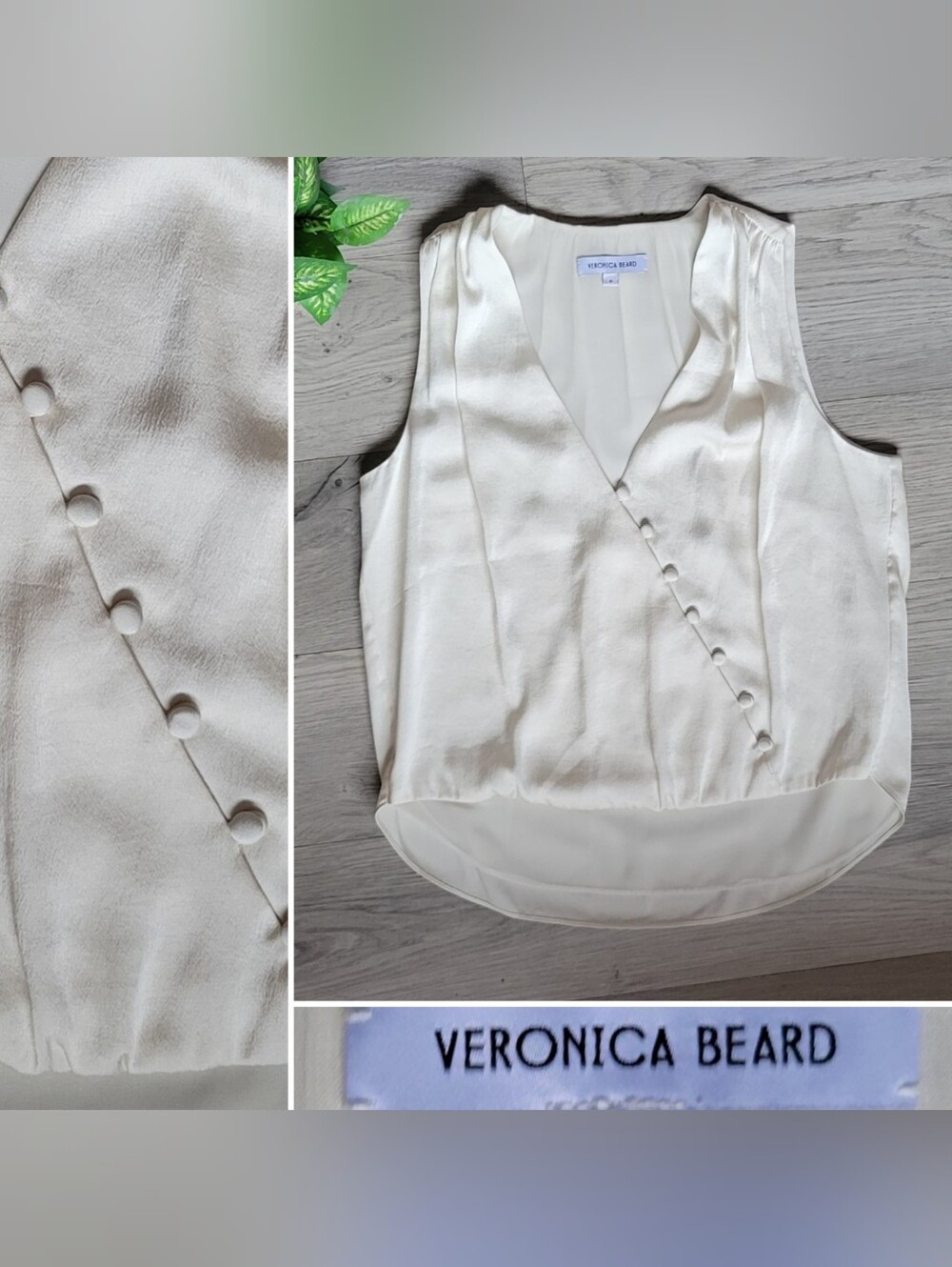 Veronica Beard Rahi Top Off-White Satin Sleeveless Button Trim V-Neck Blouse, 0